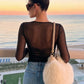 See Through Folds t-Shirt Women Low-Neck Full Sleeve Elasticity Skinny Sexy Hottie Midnight Autumn Fashion Streetwear