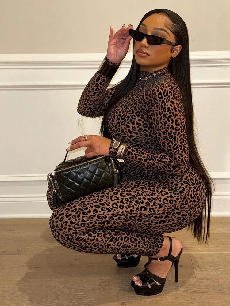 Sexy Leopard Mesh Jumpsuit Women Sexy Hipster Zip Stretch Midnight Workout Clubwear Autumn Fitness Street Overalls