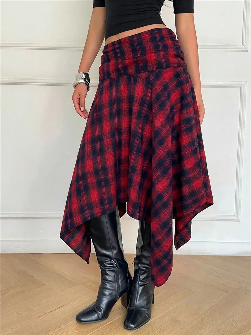 Y2K Preppy College Tartan Midi Skirt Women Fold Over Waist Irregular Asymmetric Hem Plaid A Line Flare Skirt Streetwear