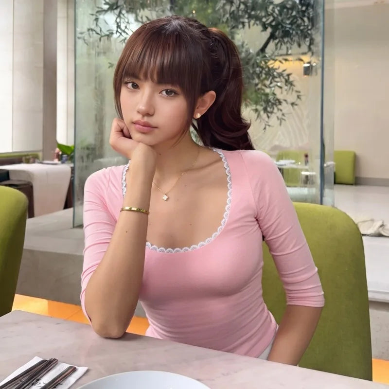Lace Trim Scoop Neck Half Sleeve Crop Tops for Woman Pink T Shirts 2026 Fall Cutecore Clothes 2000s