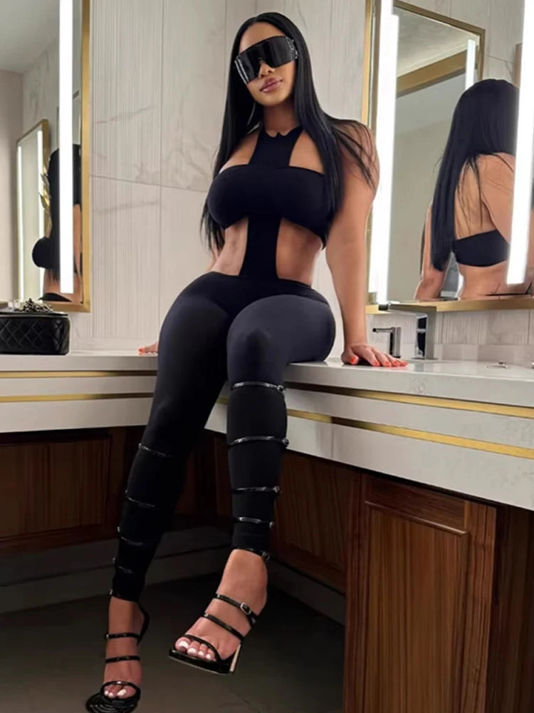 Sexy Backless 2 Piece Set Women Stretch Tube Top+Skinny Halter Jumpsuit Fitness Street Matching Party Club Overalls