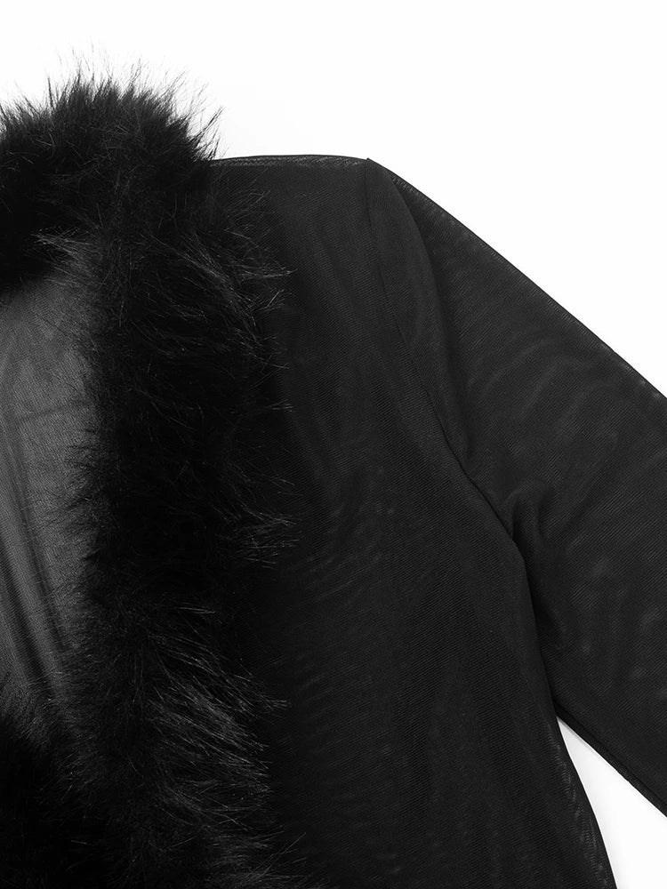 Sexy See Through Cardigan Tops Women Fluff Patchwork Skinny Full Sleeve Navel Exposed Hottie Wild Style Streetwear