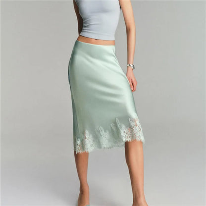 Women Silk Satin Half Slip Long Skirts Lace Patchwork Elastic Waist Long Skirt Elegant Silky Flowy A Line Midi Skirts