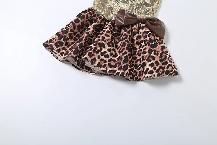 Fashion Sequin Patchwork Leopard 3 Piece Set Women Belt Metal Buckle Vest+Bow Ruffled Skirts+Short Trend Party Clubwear