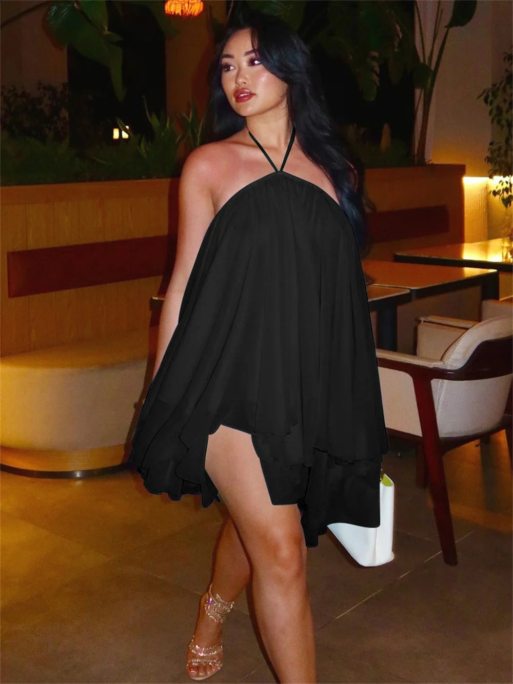 Halter Loose Dress Women Y2K Summer Sleeveless Backless Tiered Lrregular Hem Beach Vacation Sexy Trend Party Bodycon