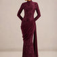 Women High Neck Long Sleeve Lace Maxi Dress Draped Sash Bodycon Mermaid Evening Party Gown Formal Wedding Guest Dress