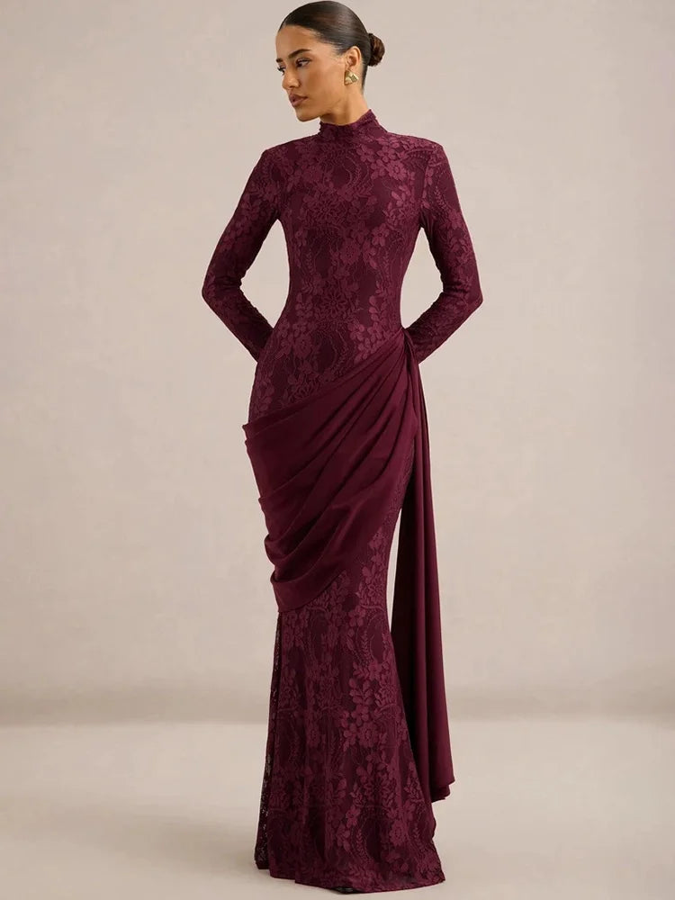Women High Neck Long Sleeve Lace Maxi Dress Draped Sash Bodycon Mermaid Evening Party Gown Formal Wedding Guest Dress