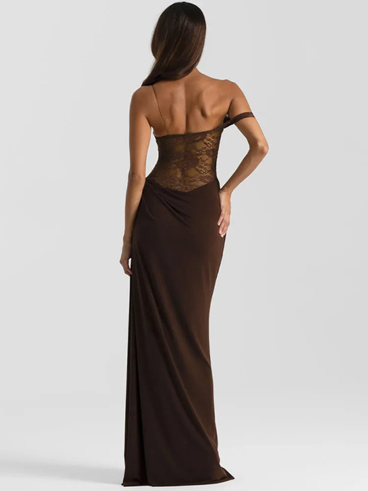 One Shoulder Lace See Through Sexy Maxi Dress Women Gown Fashion Off-shoulder Sleeveless Backless Club Long Dresses
