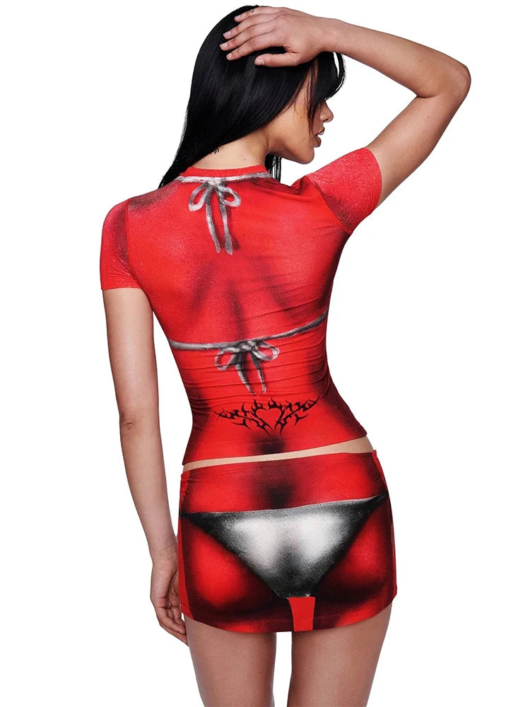 Sexy Fashion Bikini Print 2 Piece Set Woman O-Neck Short Sleeve Crop Tops+Mini Skirts High Street Style Classic Suit