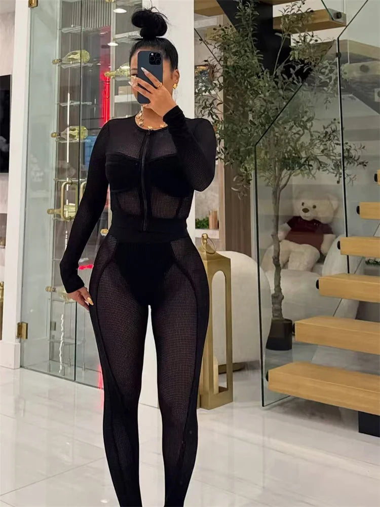 Sexy Patchwork Mesh 2-Piece Set Women Zip O-Neck Long Sleeve Crop Tops+Pants Stretch Matching Midnight Autumn Outfits