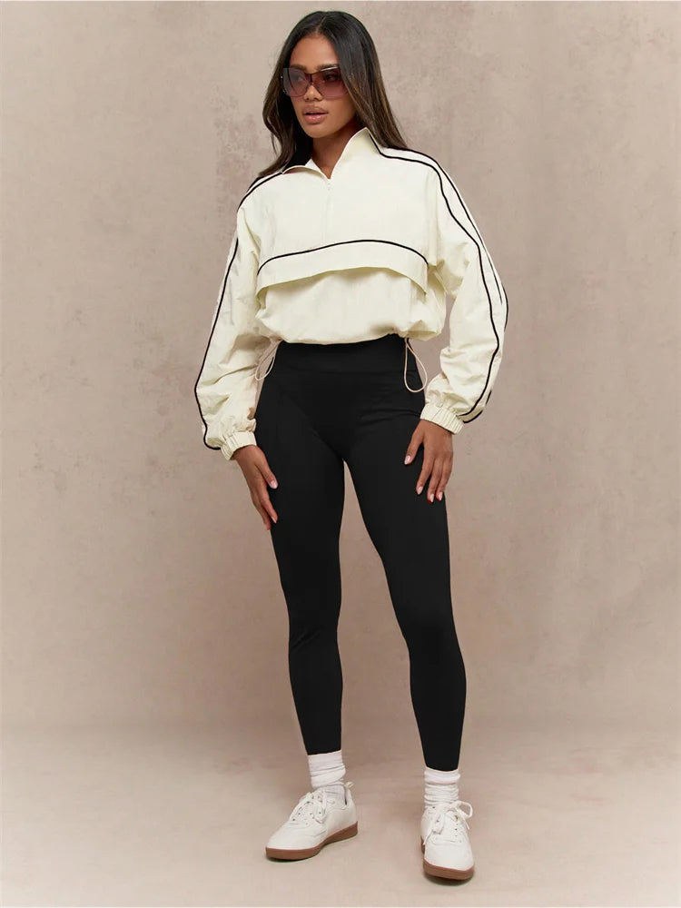 Contrast Patchwork Tracksuit 2 Piece Set Women Polo-Neck Drawstring Wasit Tops+Skinny Leggings Casual Sporty Sets