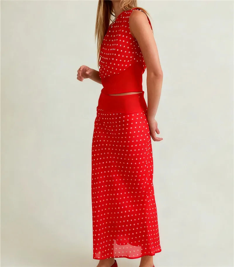 Women's 2 Piece Skirt Outfits Off One Shoulder Y2K Dots Print Tank Tops and Long Skinny Skirt Set Summer Party Clubwear