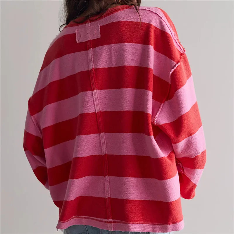 Oversized Striped V Neck Raw Hem Cropped Sweatshirt Women Loose Long Sleeve Pullover Winter Autumn Casual Streetwear