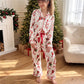 Satin Women Christmas Pajama Set Ruffle Trim Long Sleeve Shirt And Pants Santa Candy Cane Print Holiday Sleepwear