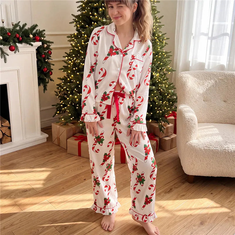 Satin Women Christmas Pajama Set Ruffle Trim Long Sleeve Shirt And Pants Santa Candy Cane Print Holiday Sleepwear