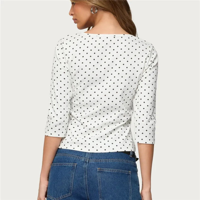 Women's Spring Summer T-Shirt Quarter Sleeve Round Neck Dots Print Slim Fit Tops Blouse Casual Daily Streetwear