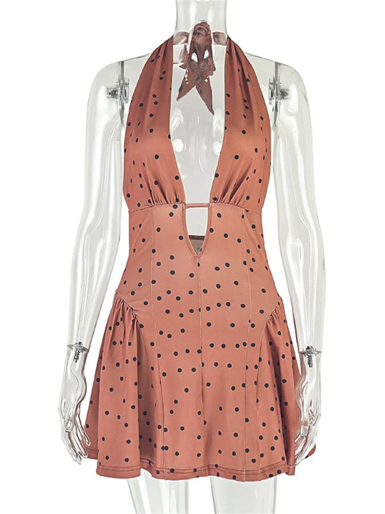 Polka Dot Print Mini Dress Women Halter Deep V-Neck Backless Sleeveless Midnight Party Ruched Elegant Skinny Clubwear