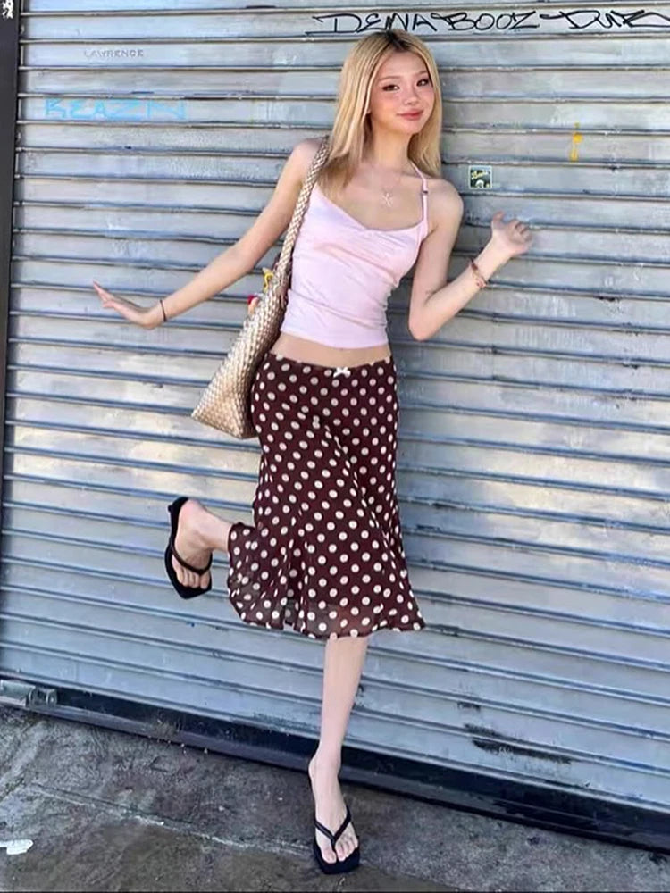 Sweet 2-Piece Set Women v-Neck Solid Camisole+Ribbon Bow Decoration Polka Dot Print Skirt Summer Party Vacation Suit