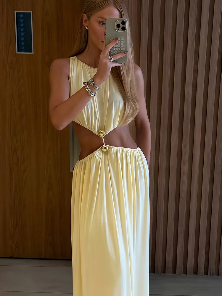 Waistless Chic Dress Women  Metal Trim Sleeveless O-Neck Skinny Elegant Summer Hipster Prom Party Vacation Vestidos