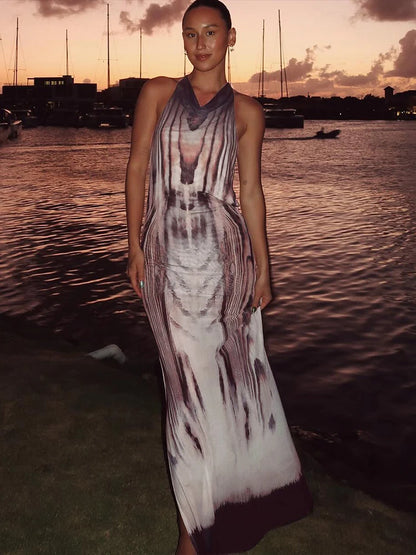 Backless Chain Dress Women See Through Sexy Y2K Sleeveless Gradient Print Side Split Midnight Clubwear Maxi Bodycon