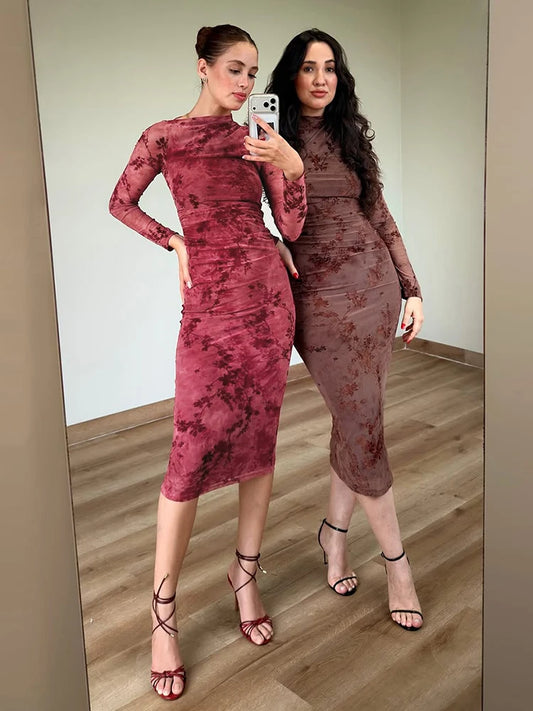 Turtleneck Flower Jacquard Dress Women Fashion See Through Full Sleeve Stretch  Chic Sexy Trend  Party Club Long Bodycon