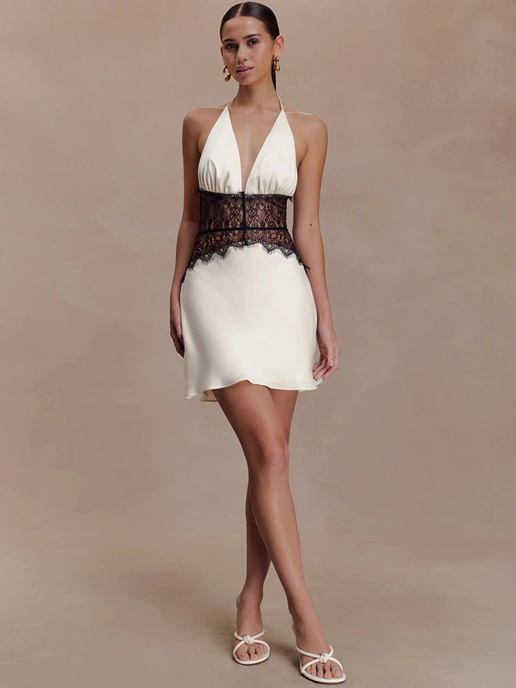 Lace Patchwork Sexy Mini Dress Women Gown Elegant Halter V Neck Sleeveless Backless High Waist Club Party Dresses