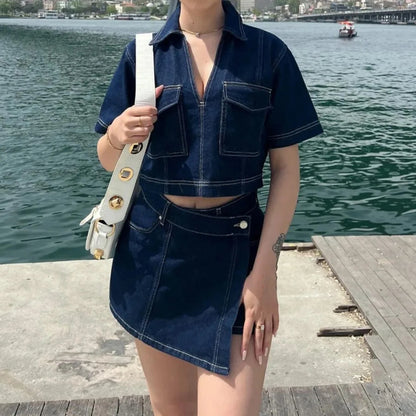 Chic Women Denim 2 Piece Set V Neck Short Sleeve Jean Tunic Tops Irregular Hem Mini Skirt Shorts Set Y2K Streetwear