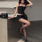 Hottie Punk Style Sexy 2 Piece Set Women Shirring Sleeveless Bandages Tank Top+Metal Buckle Peach Hip Skirt Chic Suit