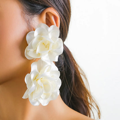 Exaggerated Big Fluffy Fabric Flower Petal Drop Earrings for Women Trendy Elegant Earring Wed Bridal Y2K Jewelry Accessories New