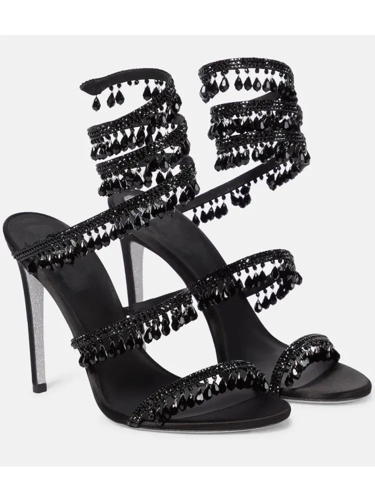 Women's New Water Diamond Sandals Fashion Tassel Crystal Shoes Sexy Banquet Party Twin Stiletto Women's Large Sandals