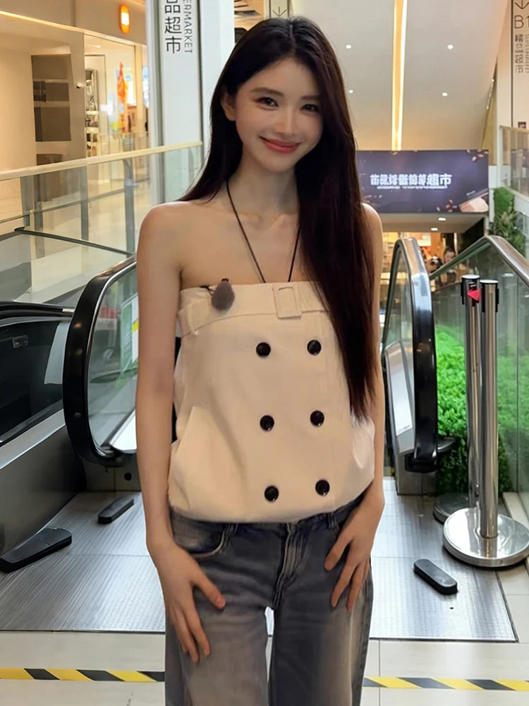 Chest Wrap Double-Breasted Tank Tops Women Square Decoration Classic Music Festival High Street Summer New Trend Outfit