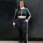 Sporty 2 Piece Set Women Tracksuit Casual Patchwork Zip Long Sleeves Crop Top+Stretch Pants Matching Street Outfits