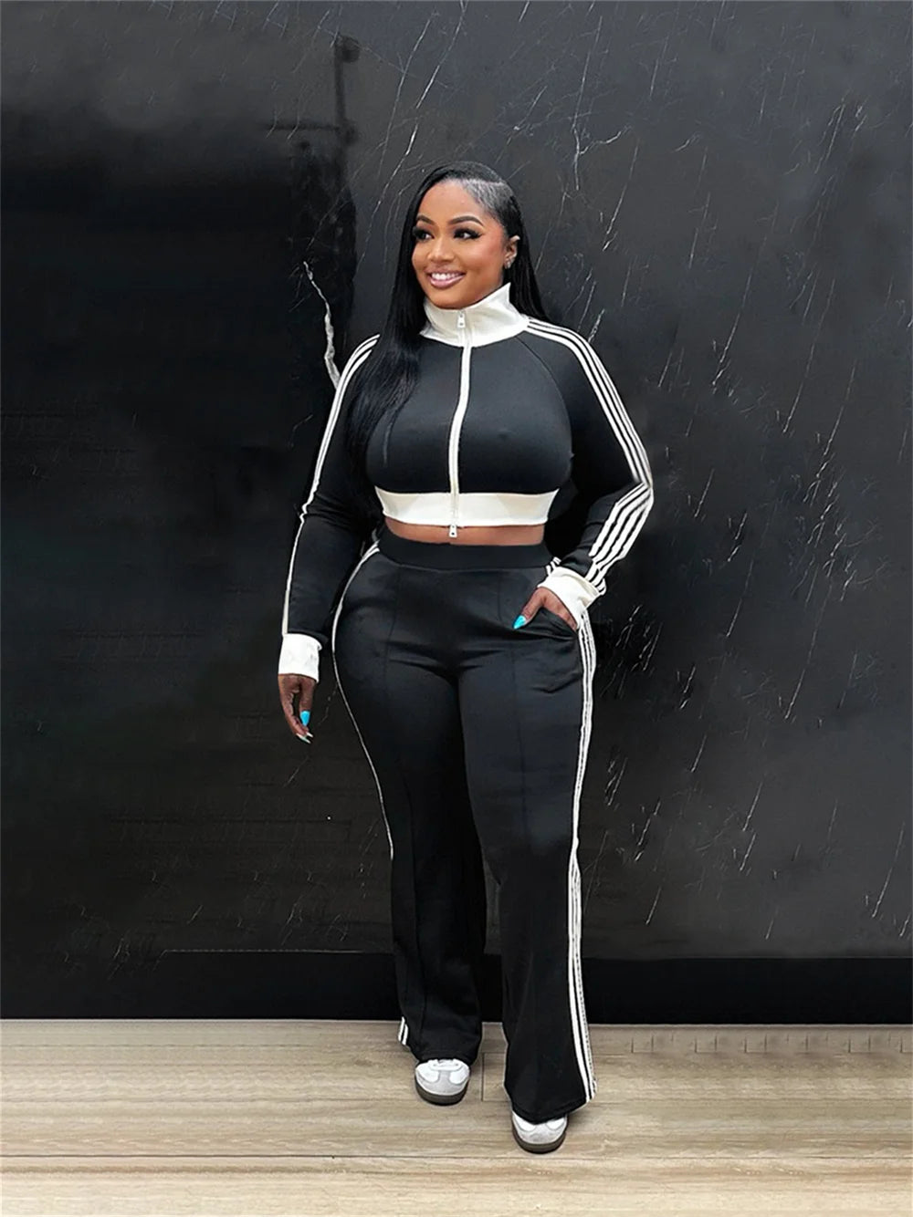 Sporty 2 Piece Set Women Tracksuit Casual Patchwork Zip Long Sleeves Crop Top+Stretch Pants Matching Street Outfits