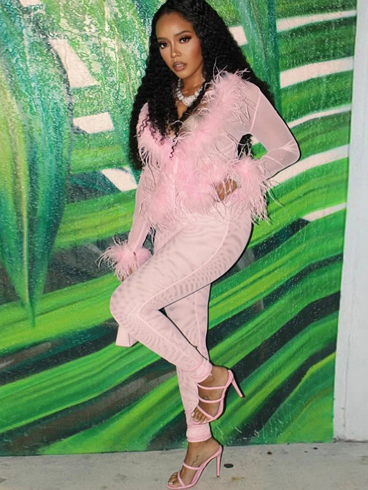 Feather Patchwork 2Piece Set Women Thin Fit Long Sleeve V-Neck Crop Top+Stretch Trousers Midnight Sexy Matching Suit