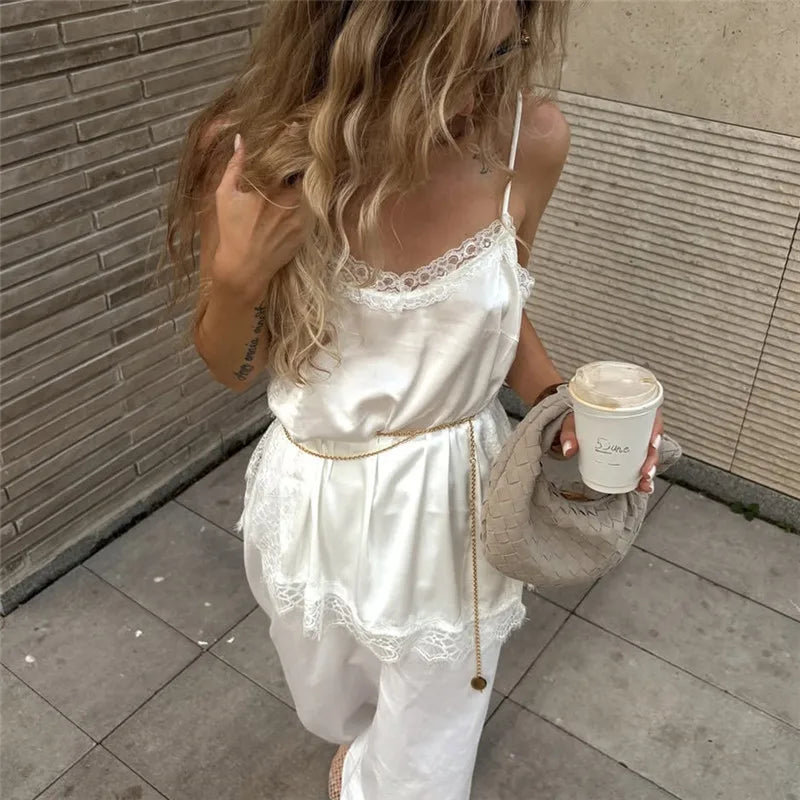 Lace Trim Satin Cami Tank Tops for Women Spaghetti Strap Sexy V Neck Silk Camisole Going Out Party Club Shirts