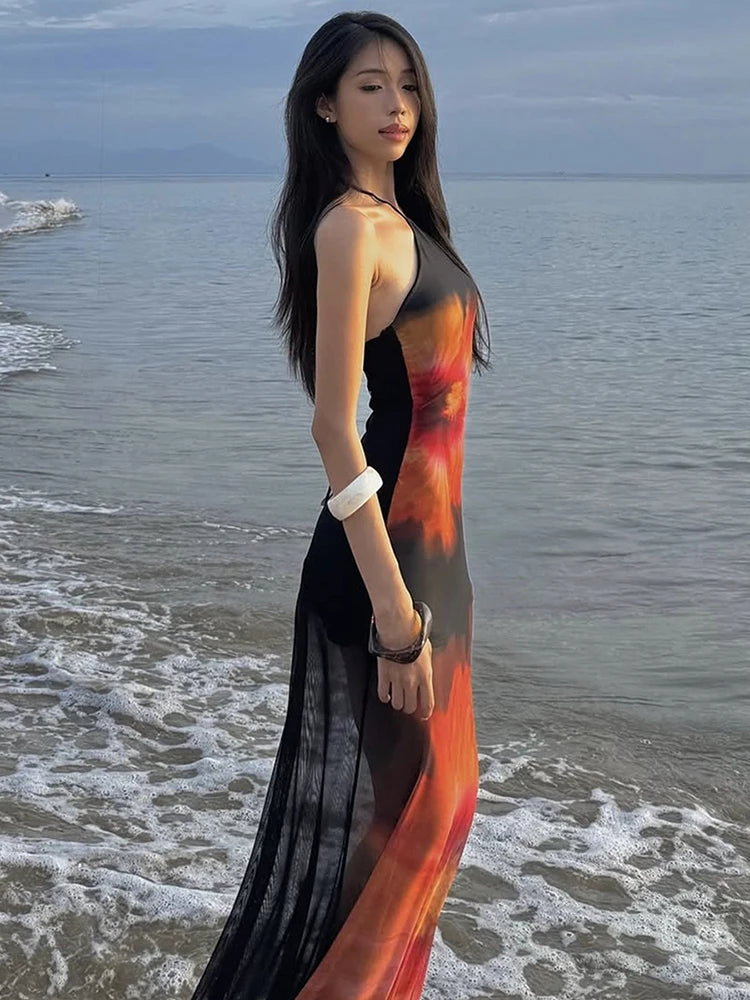 Stretch See Through Dress Women Beach Vacation Flower Print Halter Backless Bandage Sleeveless Party Elegant Vestidos