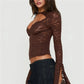 Y2K Gothic Women Sheer Lace Top Hollow Out Cutout Chest Long Flare Sleeve Scallop Trim Slim Fit See Through Mesh Blouse