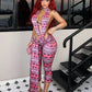 Snake Print Romper Women Sexy Deep V-Neck Backless Hollow Sleeveless Ribbon Patchwork Ruched Trend Street Playsuits