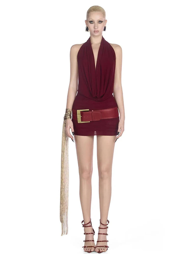 Halter Backless Dress Women Sexy Swing Collar Sleeveless Skinny Folds Sexy Midnight Summer Trend Hottie Thin Bodycon