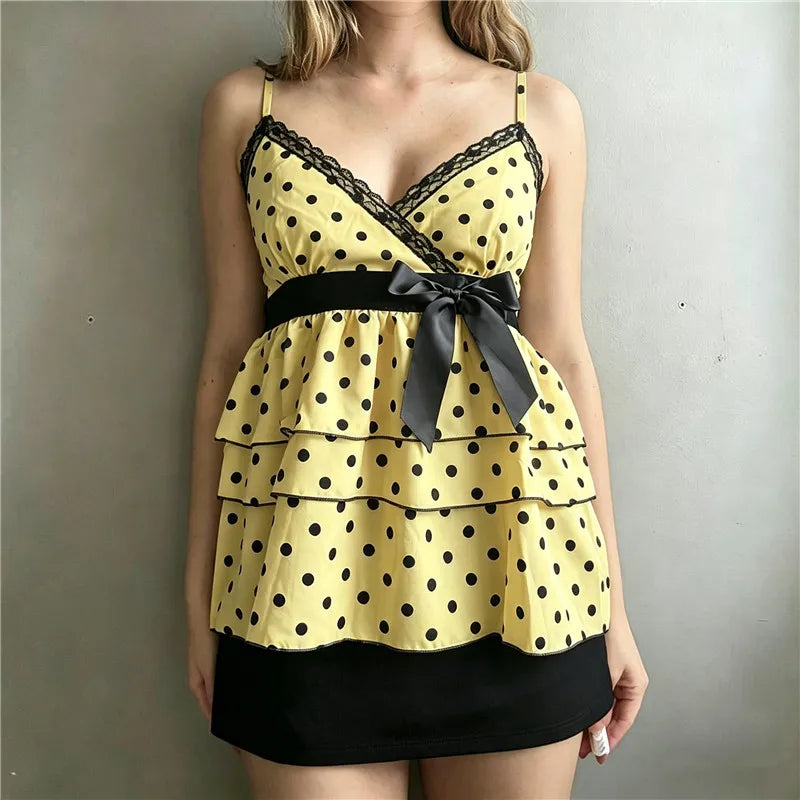 Women Polka Dot Cami Top Bow Lace Trim V Neck Tiered Layer Ruffle Babydoll Sleeveless Backless Smocked Peplum Camisole