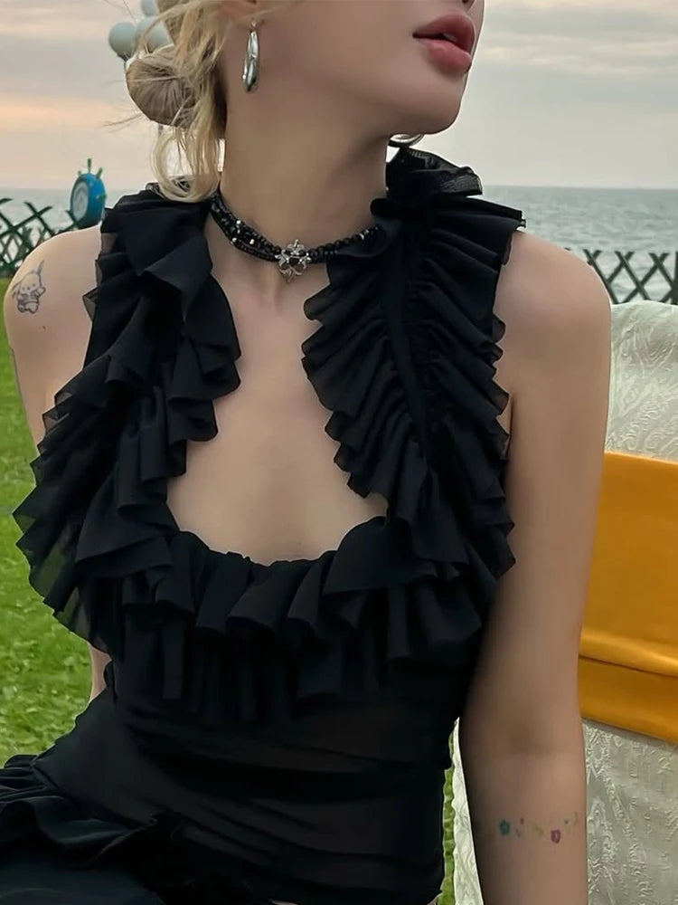 Tierred Low-Neck Tank Tops Women Y2K See Through Sleeveless Summer Trend Mesh Wild Basic Midnight Slim Clubwear Vest