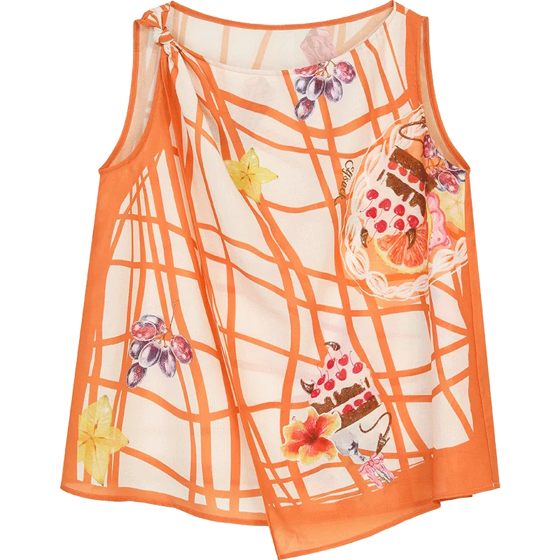 Women's Grid Fruit Cake Print Sleeveless Cami Top, Asymmetrical Hem Loose Chiffon Tank for Daily