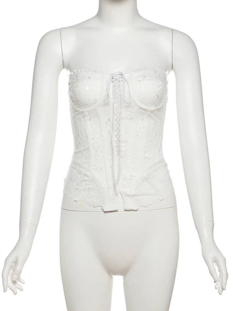 Shirring Corset Tops Women Patchwork irregular Lace Sleeveless Backless Skinny Summer Trend Y2K Midnight Street Vest