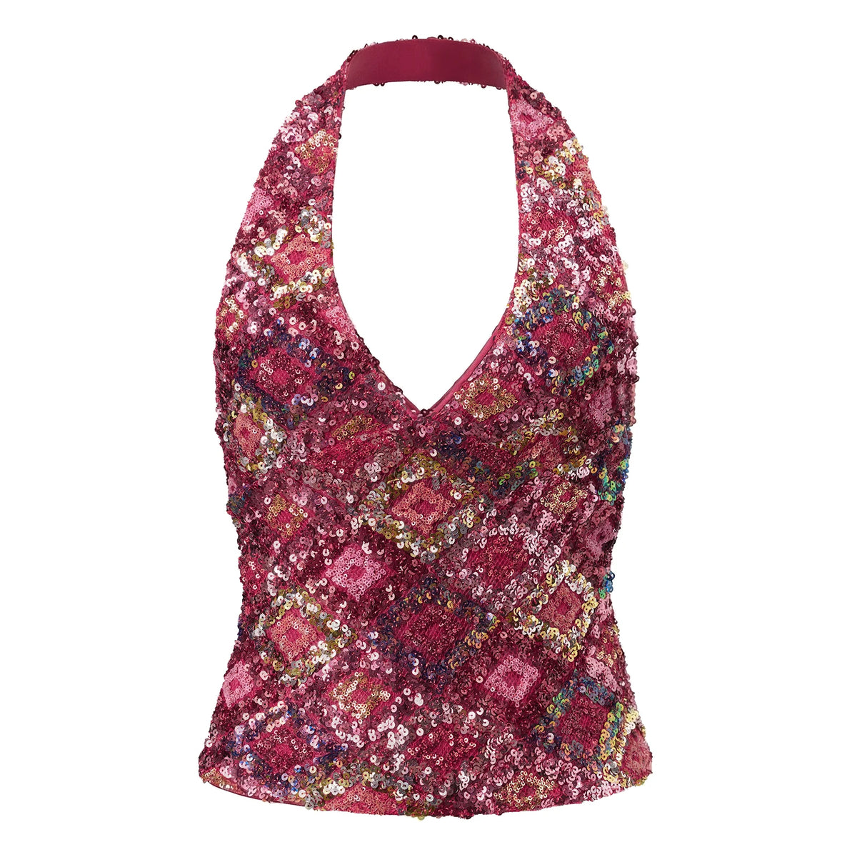 Y2K Sparkly Sequin Halter Neck Top V Neck Sleeveless Geometric Pattern Crop Top for Streetwear and Going Out Styling