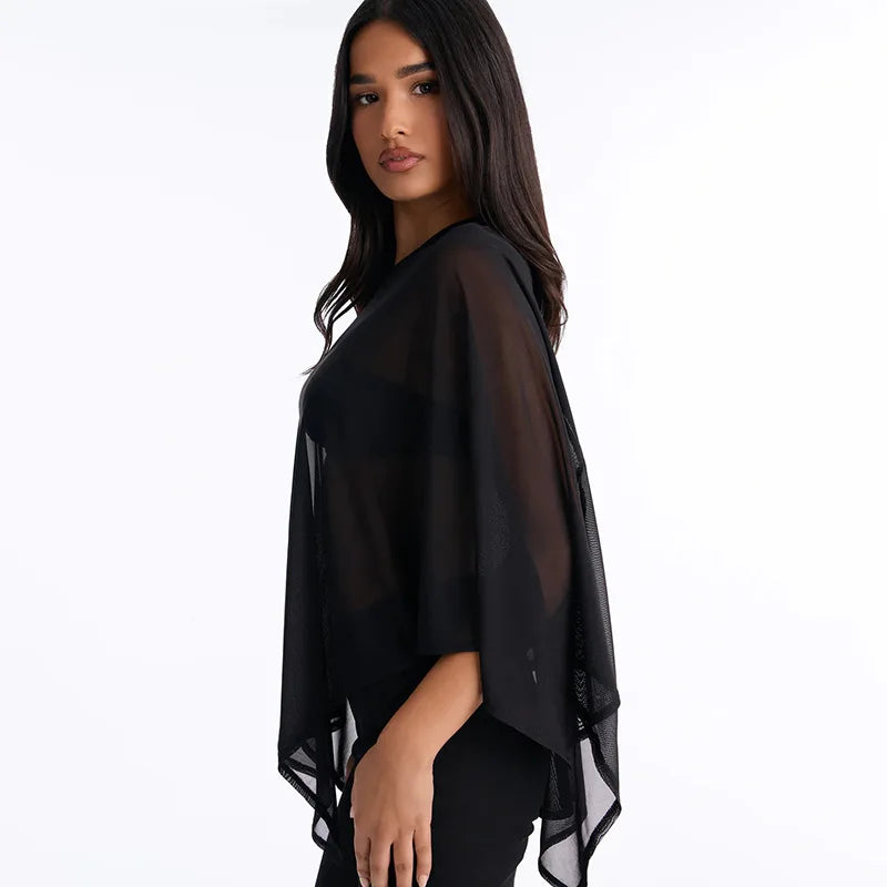 Off Shoulder 3 Piece Capri Set with Sheer Mesh Poncho Top Black Casual Outfits for Woman Fashionable Clothing