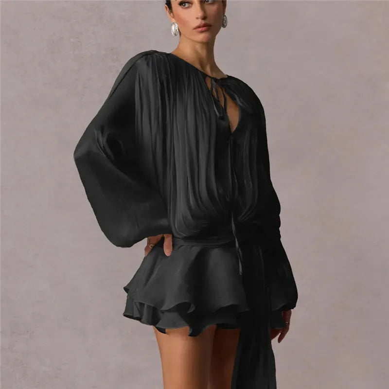 Elegant Womens Ruffle Mini Dress Long Lantern Sleeve Tie-up Front Solid Color Pleated Dress Short Flowy Dress Party Club