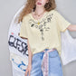 Cute Cartoon Doodle Print Striped T-Shirt, Crew Neck Oversized Casual Tee, Sweet Loose Top for Women