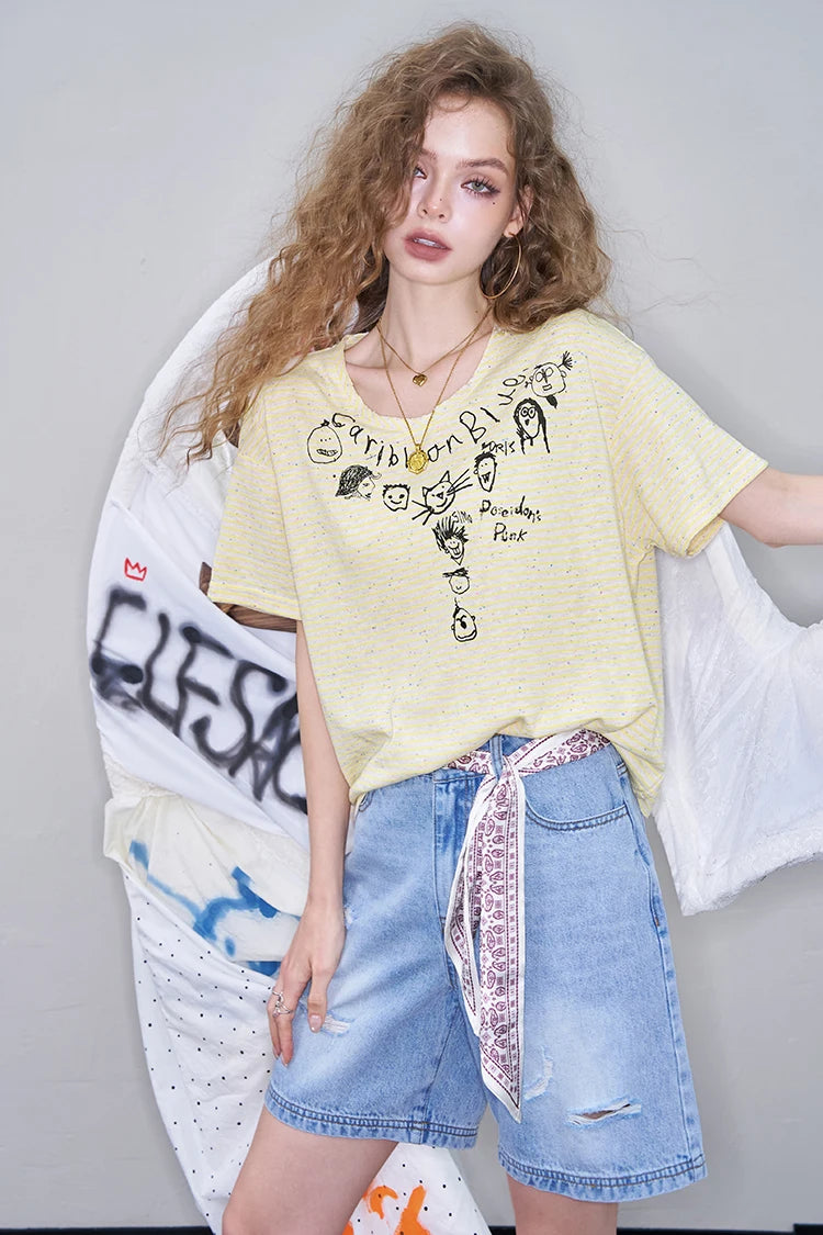 Cute Cartoon Doodle Print Striped T-Shirt, Crew Neck Oversized Casual Tee, Sweet Loose Top for Women
