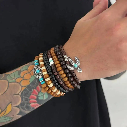 4 Styles Ethnic Boho Wooden Beads Chain Bracelets for Men Vintage Cactus Coin Pendant Elastic Bangles Couple Jewelry