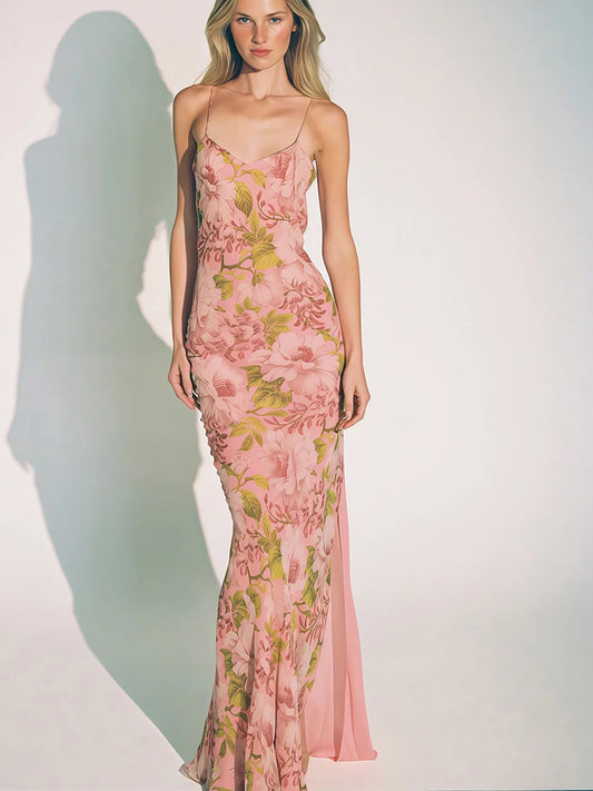 Y2K Elegant Style Sling Dress Woman Floral Print Low-Neck Backless Sleeveless Birthday Party High Waist Long Bodycon
